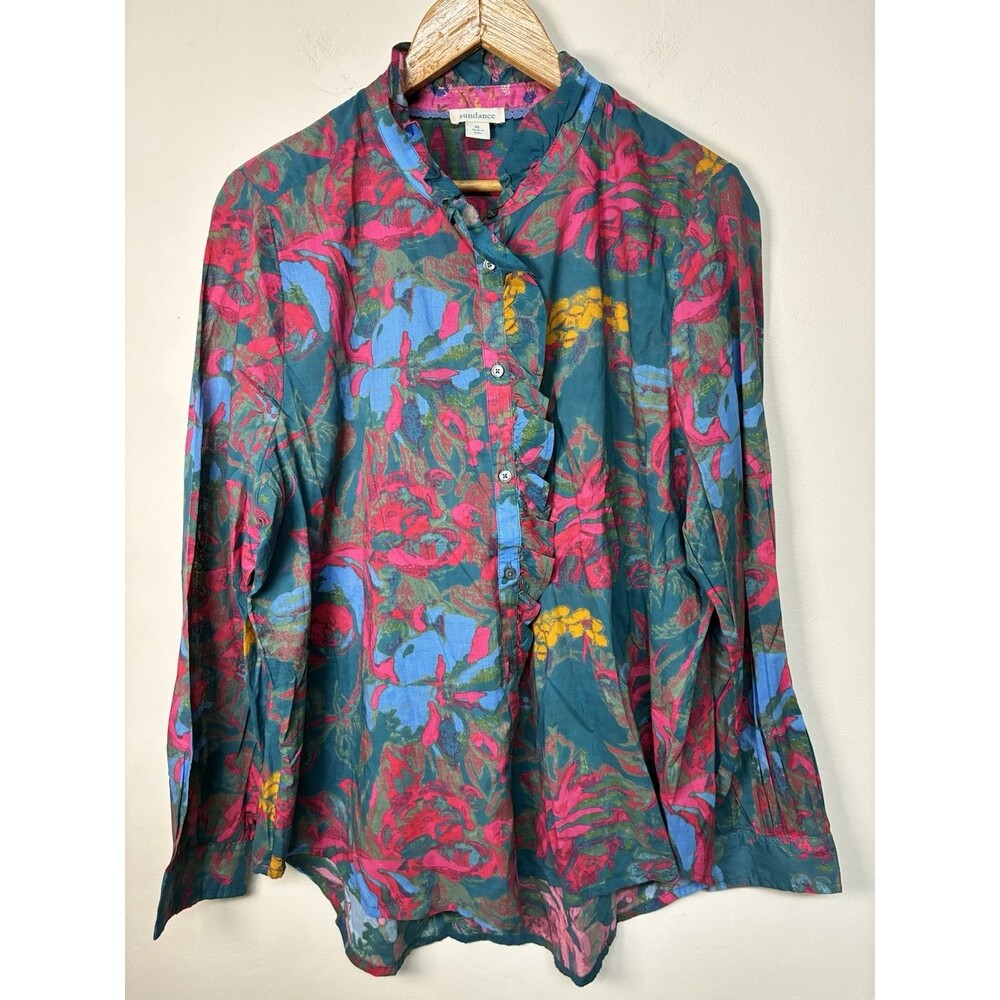 Sundance Floral Ruffle Neck Button Up Shirt Size XL Long Sleeve Boho Artsy